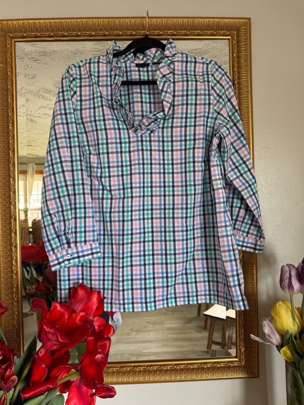 🔥Talbots Multi-Color Plaid Ruffle V-Neck Blouse - Picture 2 of 6
